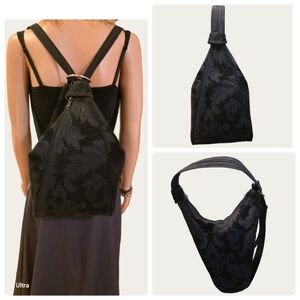 Vintage Danny K Beverly Hills Black Tapestry Convertible Sling Bag/ Backpack